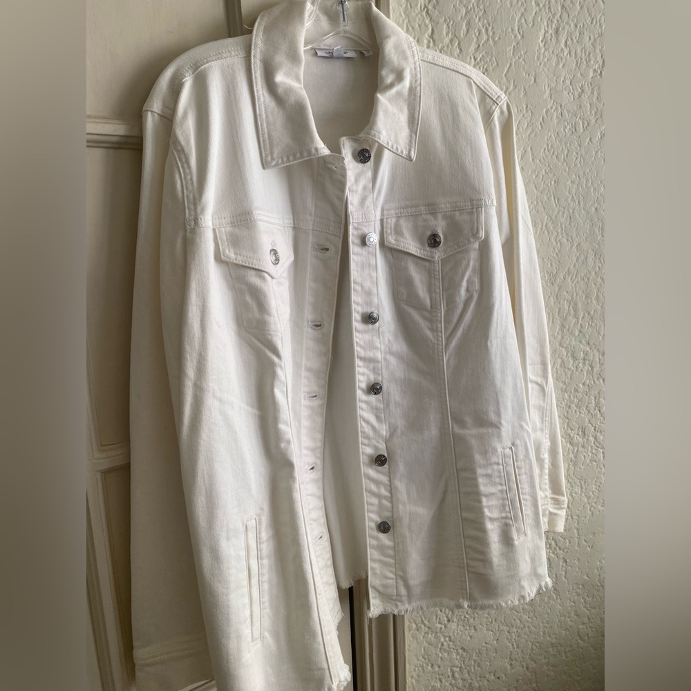 Chico's white cream stretch cotton Jean jacket fringe hem NEW NWT 3